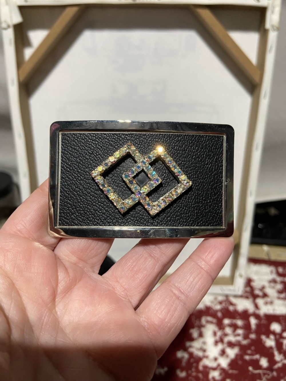 Vintage Rhinestone Interlocking Geometric Belt Buckle - Black